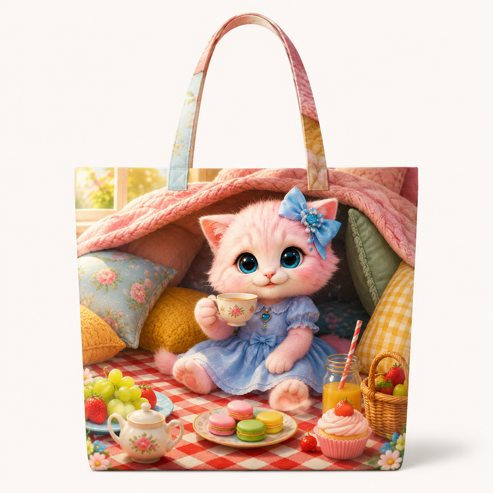 Living-Room Picnic canvas tote bag front view with Pink Kitten — The Fluffy Fam