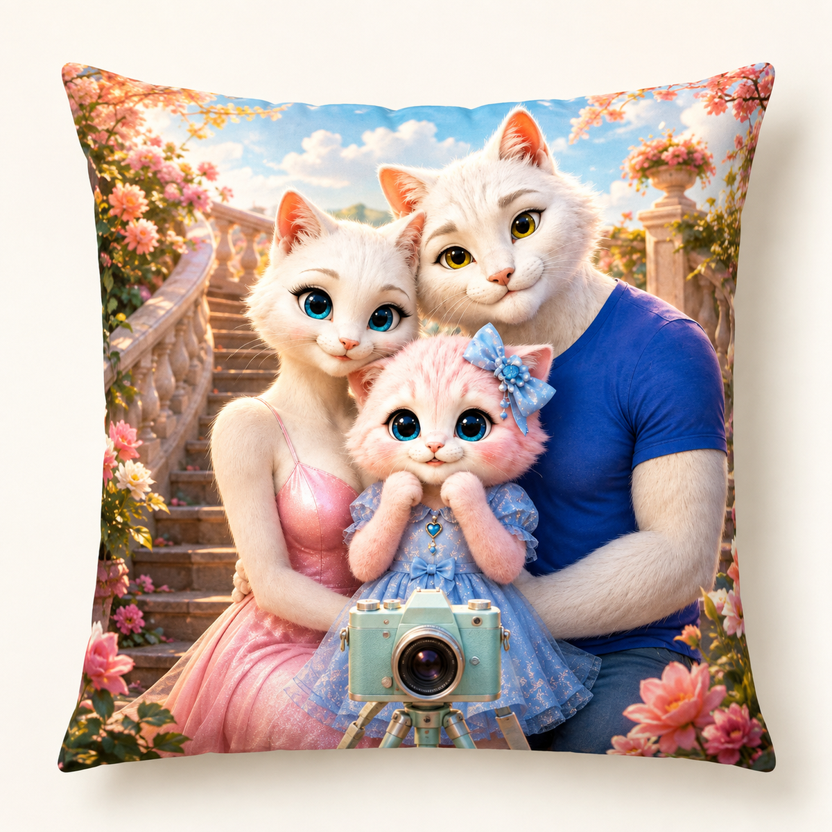 Family Portrait Timer throw pillow front view with the whole cat family — The Fluffy Fam