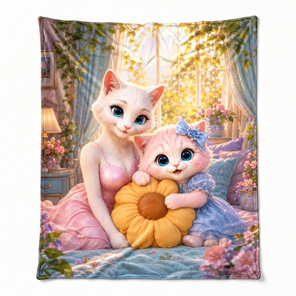 Sunrise Cushion Hug fleece blanket front view with Mom Cat and Pink Kitten — The Fluffy Fam