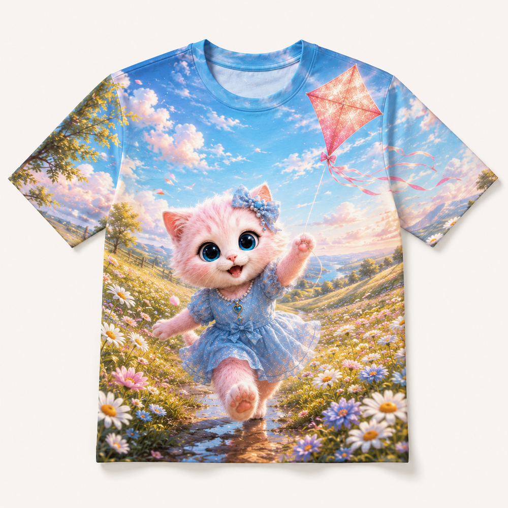 Kite Launch Hill all-over print T-shirt front view with Pink Kitten — The Fluffy Fam