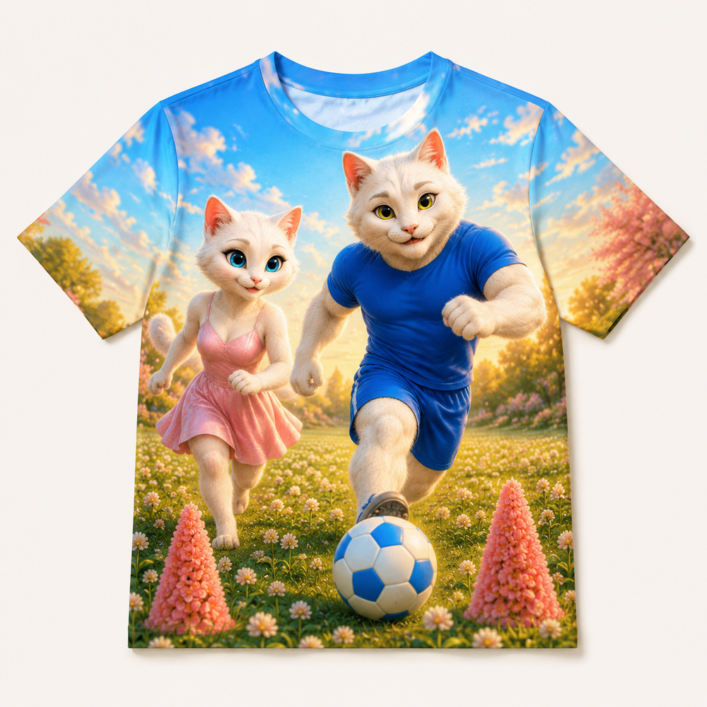 Soccer Flower-Cone Goal all-over print T-shirt front view with Dad Cat and Mom Cat — The Fluffy Fam