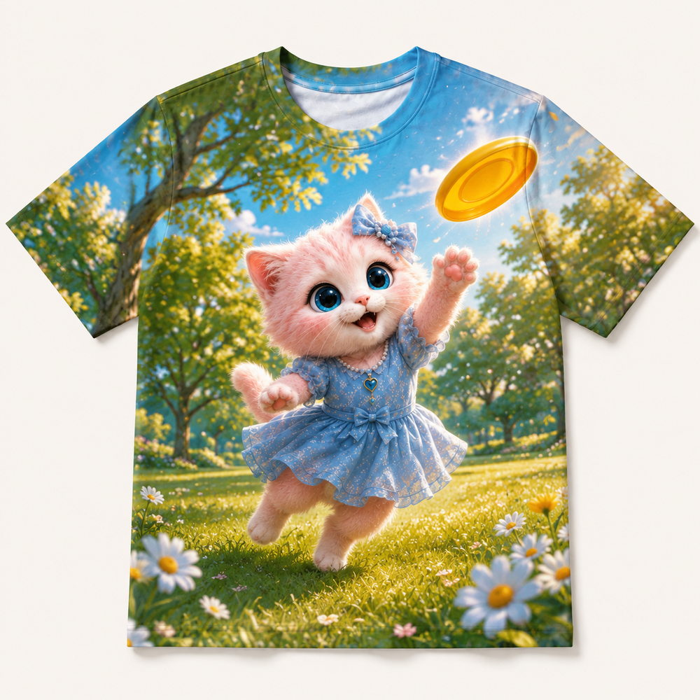 Frisbee Sunbeam Catch all-over print T-shirt front view with Pink Kitten — The Fluffy Fam