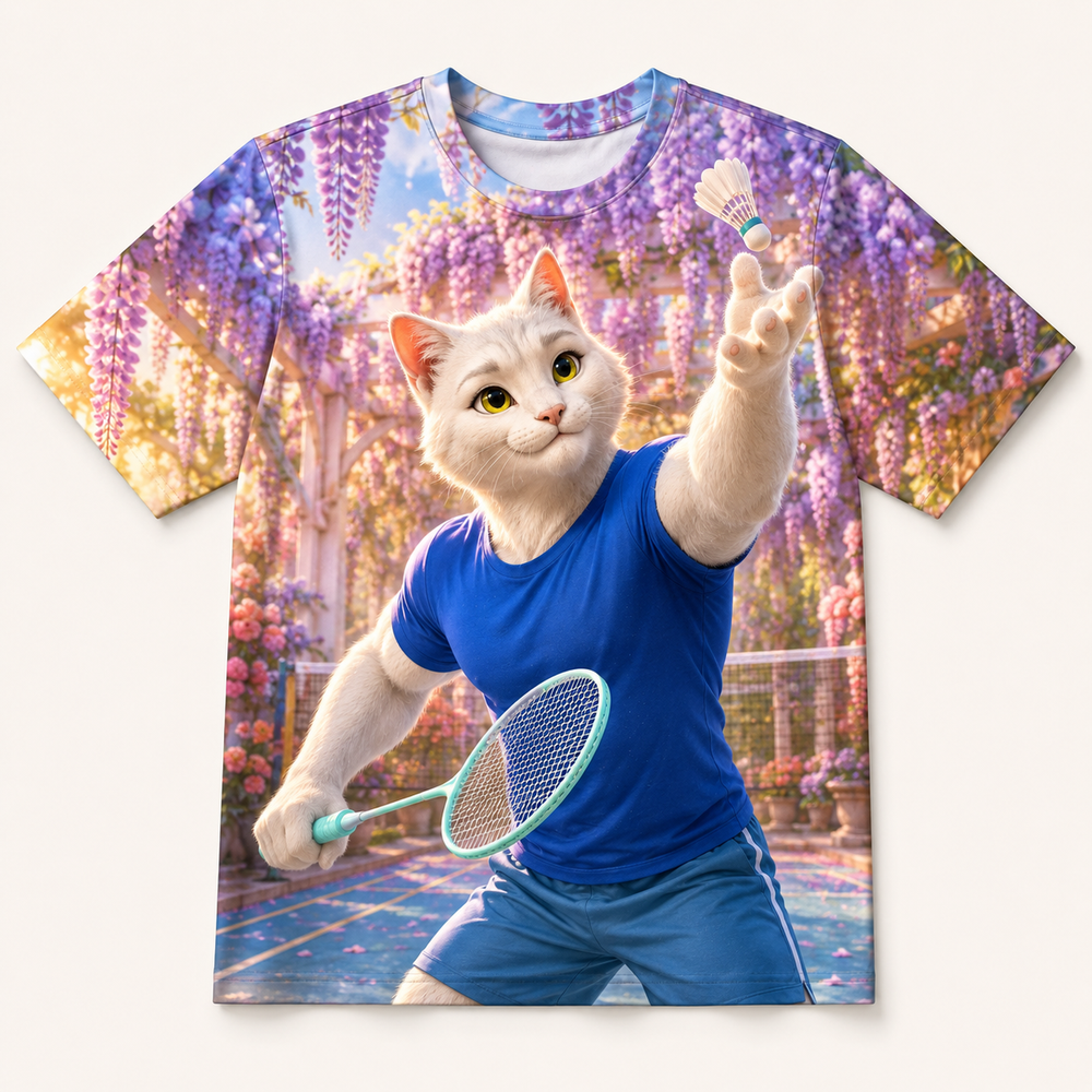 Badminton Breeze Rally all-over print T-shirt front view with Dad Cat — The Fluffy Fam