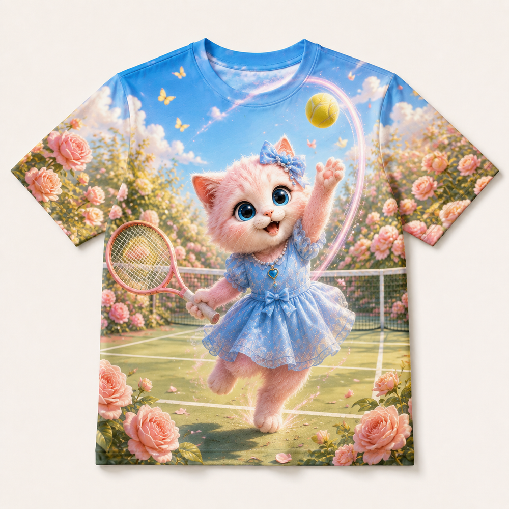 Tennis Ribbon Serve all-over print T-shirt front view with Pink Kitten — The Fluffy Fam