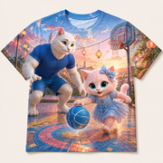 Basketball Mosaic Bounce all-over print T-shirt front view with Dad Cat and Pink Kitten — The Fluffy Fam