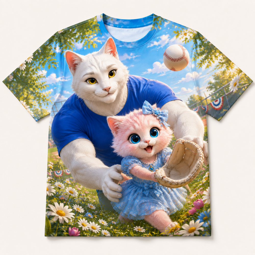 Baseball Meadow Catch all-over print T-shirt front view with Dad Cat and Pink Kitten — The Fluffy Fam