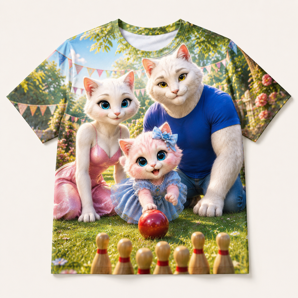 Lawn Bowling Stripe all-over print T-shirt front view with the whole cat family — The Fluffy Fam