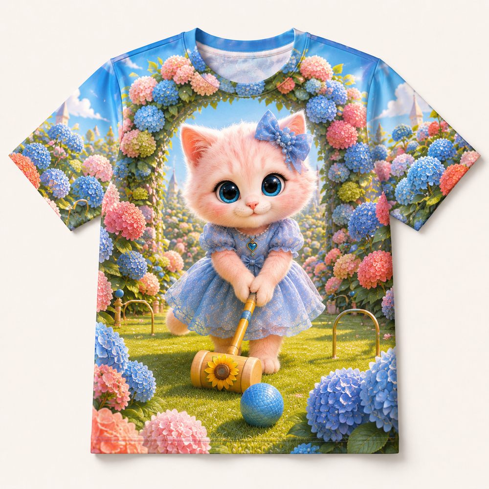 Croquet Gate Cheer all-over print T-shirt front view with Pink Kitten — The Fluffy Fam