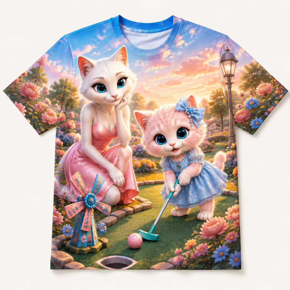 Mini-Golf Windmill Turn all-over print T-shirt front view with Mom Cat and Pink Kitten — The Fluffy Fam