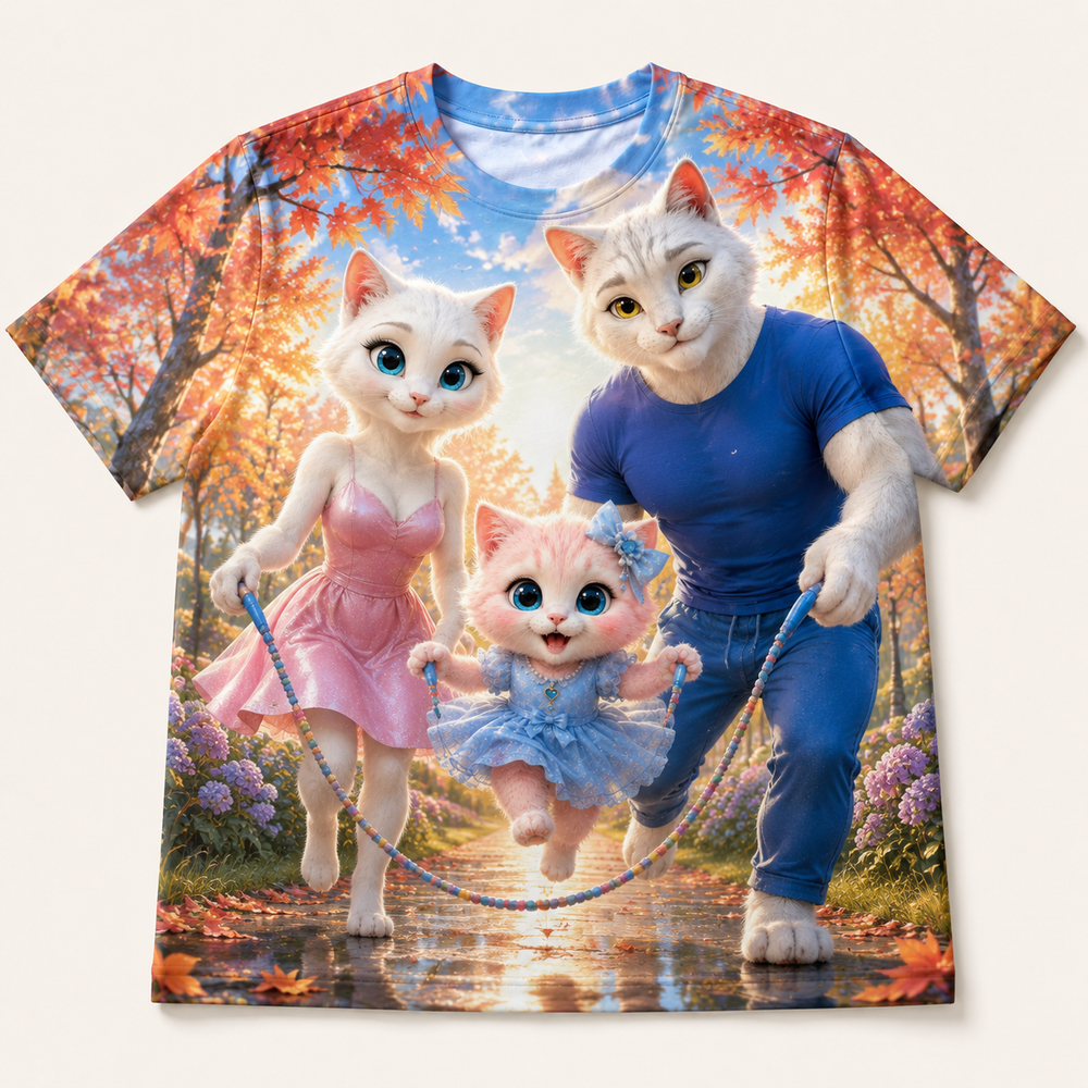 Jump-Rope Sun Sparks all-over print T-shirt front view with the whole cat family — The Fluffy Fam