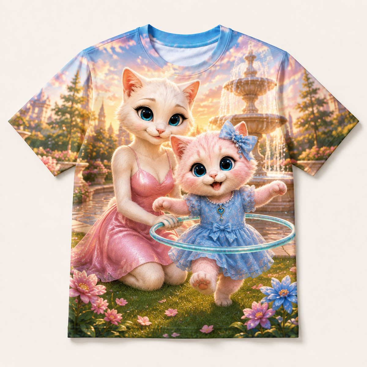 Hula-Hoop Fountain Spin all-over print T-shirt front view with Mom Cat and Pink Kitten — The Fluffy Fam