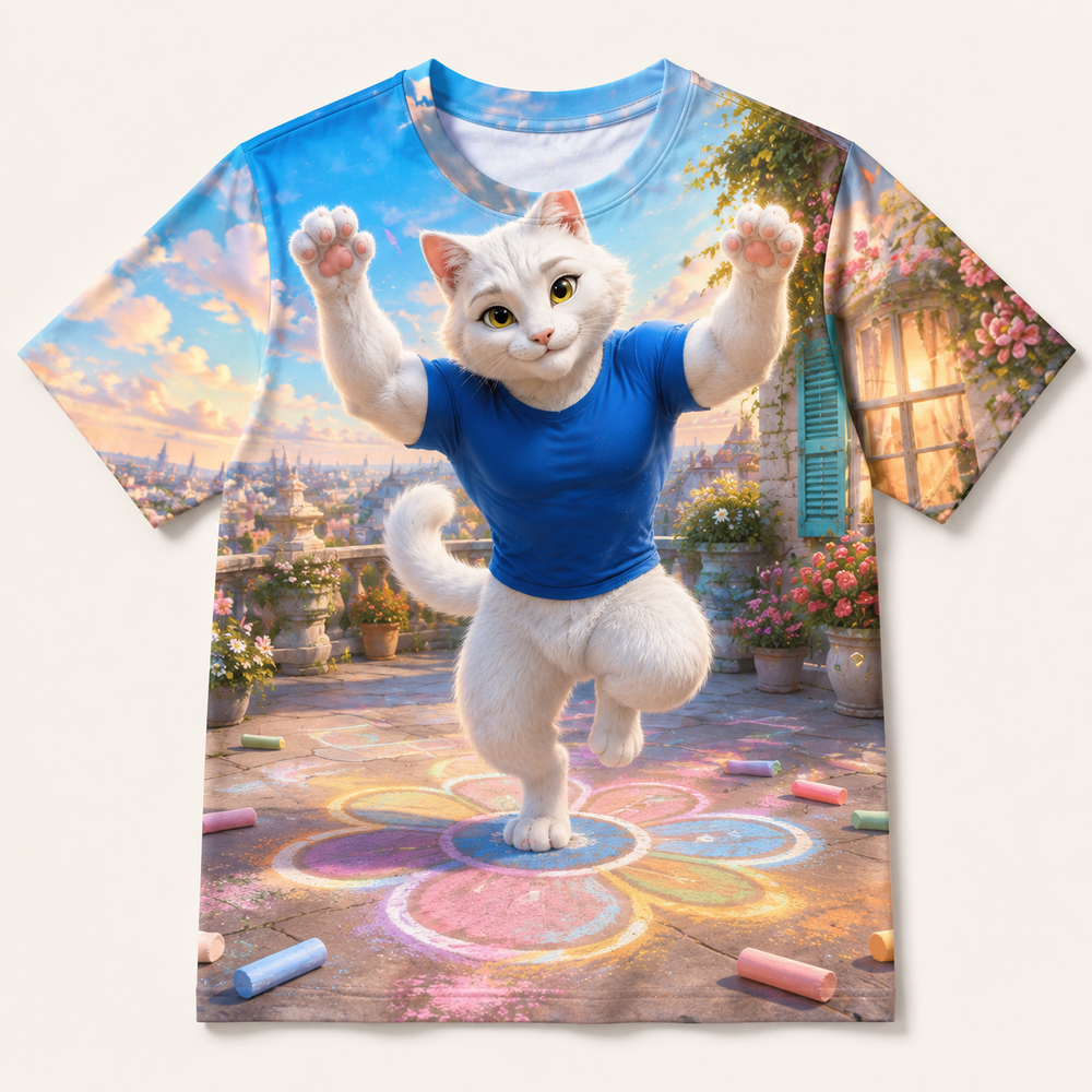 Flower Hopscotch Landing all-over print T-shirt front view with Dad Cat — The Fluffy Fam