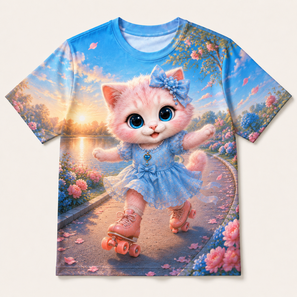 Roller-Skate Lakeside Glide all-over print T-shirt front view with Pink Kitten — The Fluffy Fam