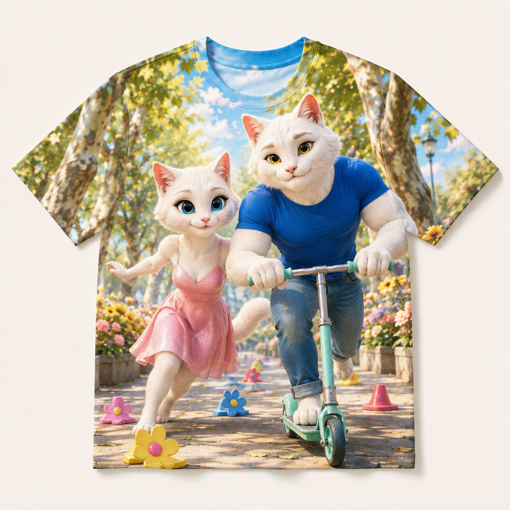Scooter Flower Slalom all-over print T-shirt front view with Dad Cat and Mom Cat — The Fluffy Fam