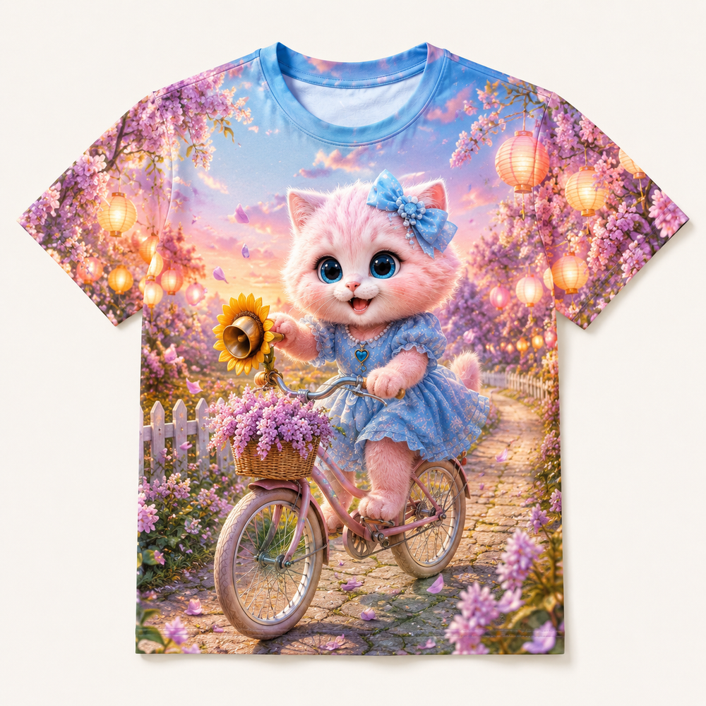 Bicycle Bell Bend all-over print T-shirt front view with Pink Kitten — The Fluffy Fam