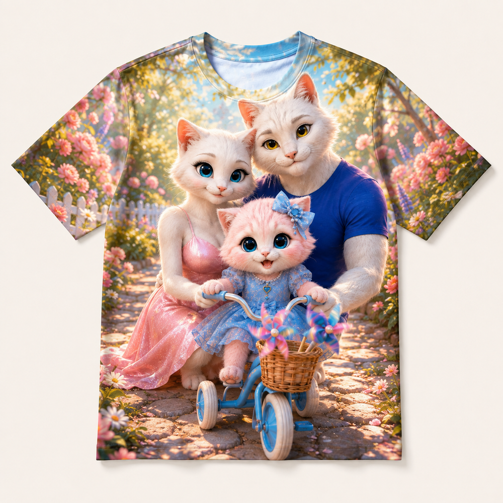 Tricycle Pinwheel Tour all-over print T-shirt front view with the whole cat family — The Fluffy Fam