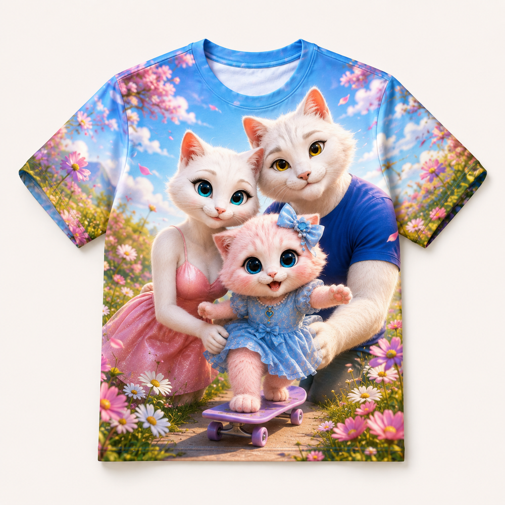 Skateboard Daisy Balance all-over print T-shirt front view with the whole cat family — The Fluffy Fam