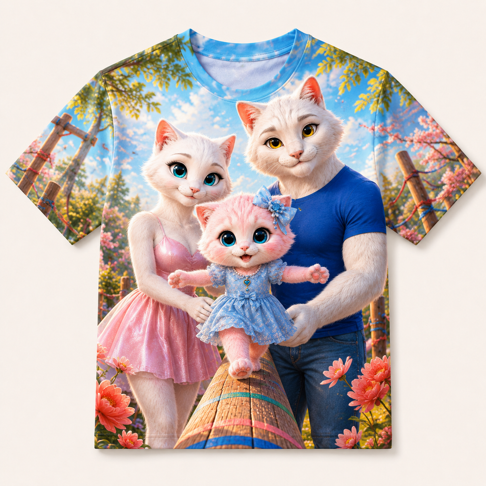 Balance-Beam Brave Steps all-over print T-shirt front view with the whole cat family — The Fluffy Fam