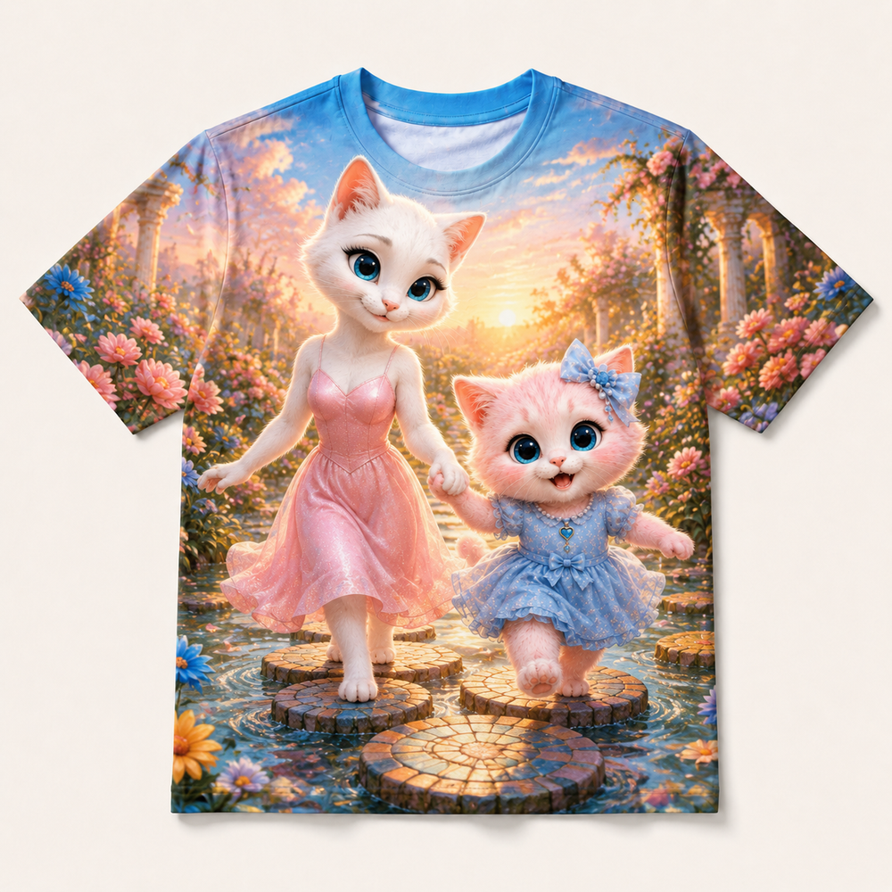 Mosaic Stone Sprint all-over print T-shirt front view with Mom Cat and Pink Kitten — The Fluffy Fam