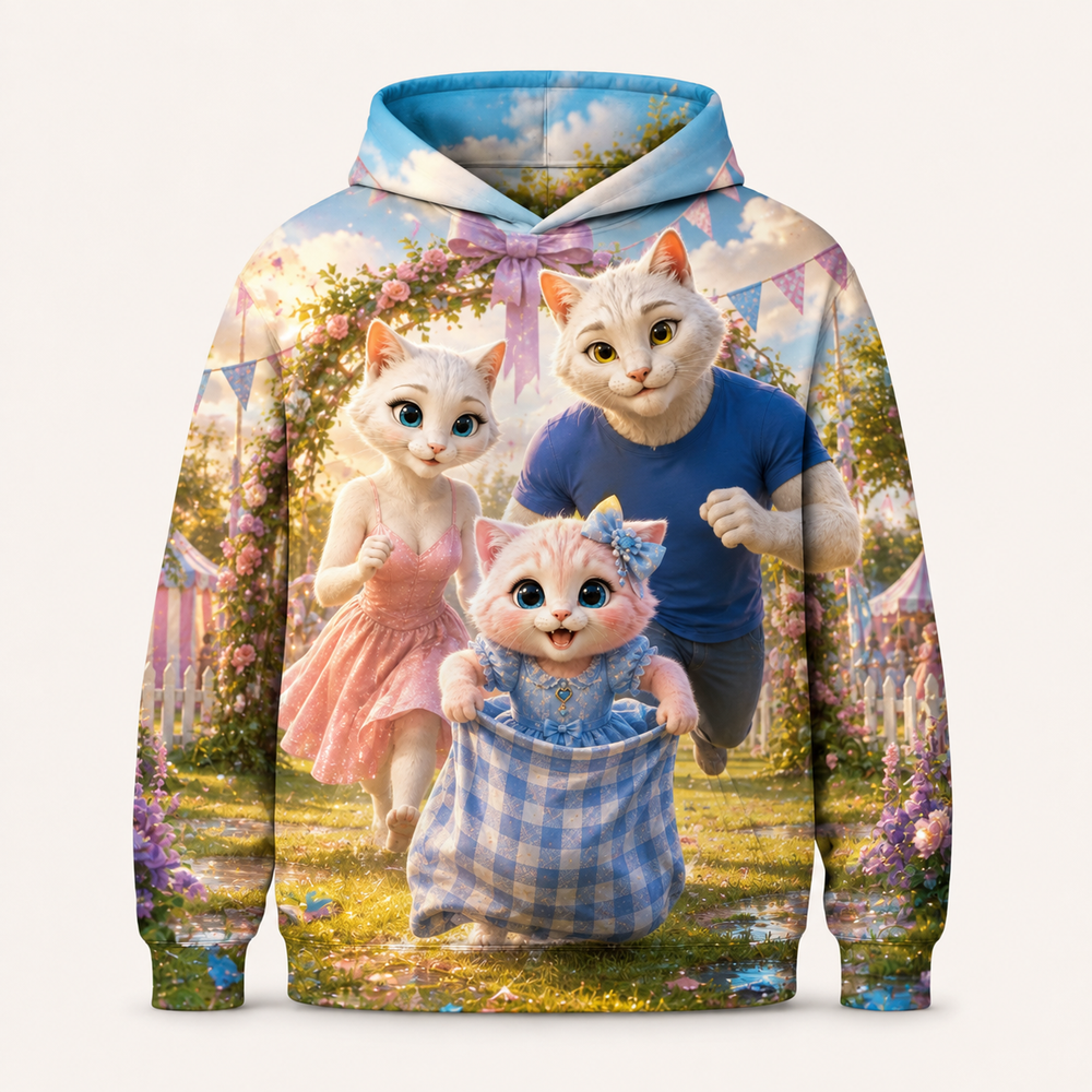 Gingham Sack-Race Bounce all-over print hoodie front view with the whole cat family — The Fluffy Fam