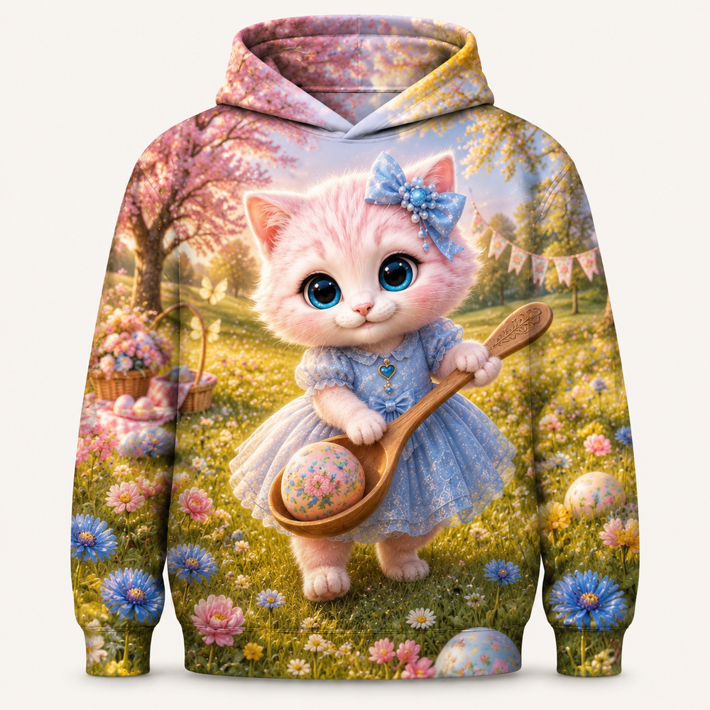 Wooden-Egg Spoon Steady all-over print hoodie front view with Pink Kitten — The Fluffy Fam