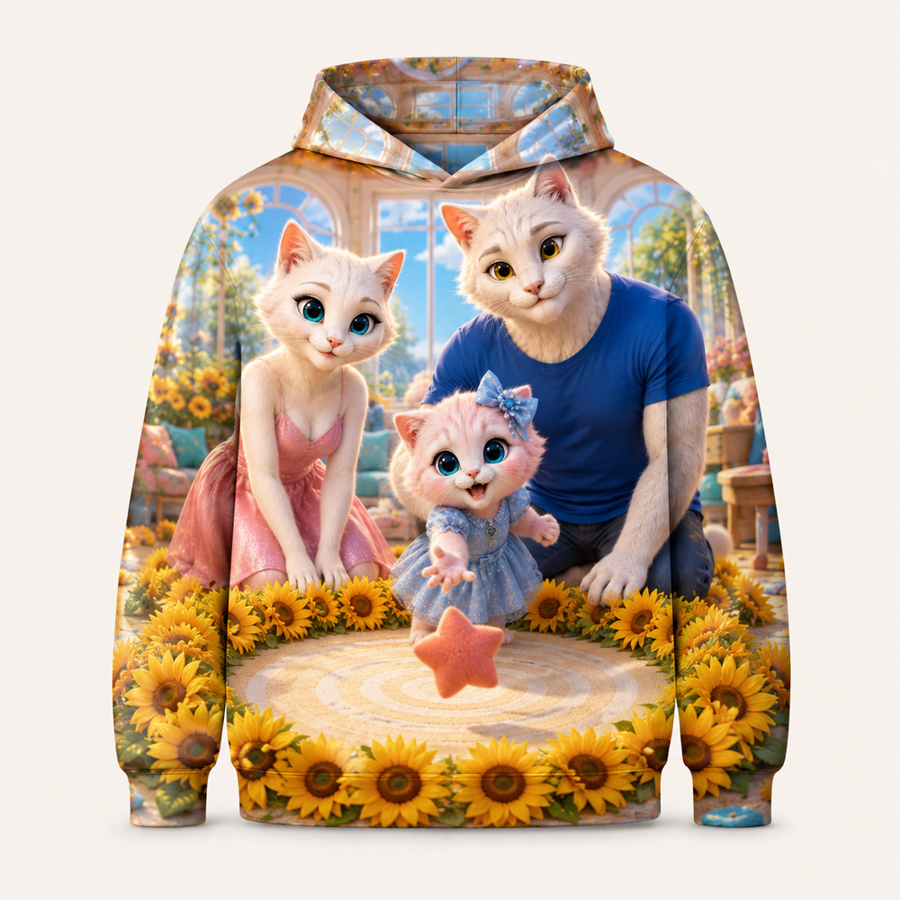 Star Beanbag Bullseye all-over print hoodie front view with the whole cat family — The Fluffy Fam