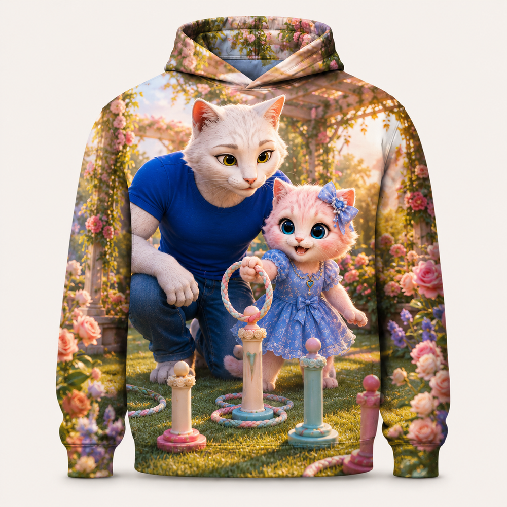 Pergola Ring Toss all-over print hoodie front view with Dad Cat and Pink Kitten — The Fluffy Fam