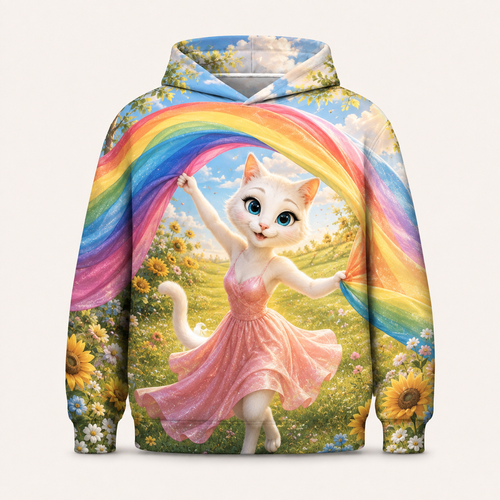 Rainbow Parachute Wave all-over print hoodie front view with Mom Cat — The Fluffy Fam
