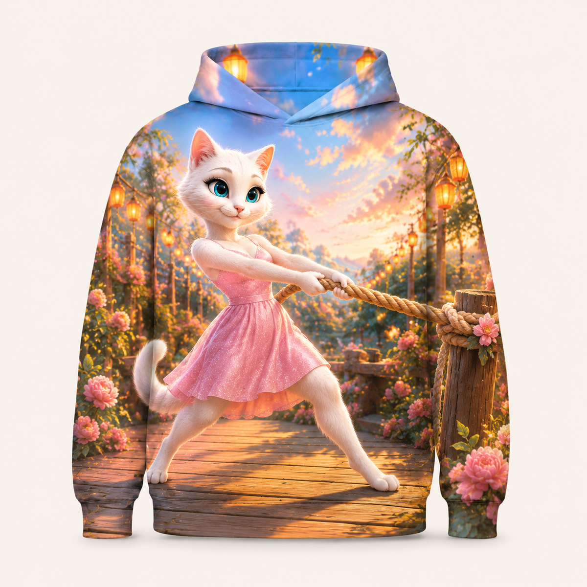 Flower-Knot Strength Pull all-over print hoodie front view with Mom Cat — The Fluffy Fam