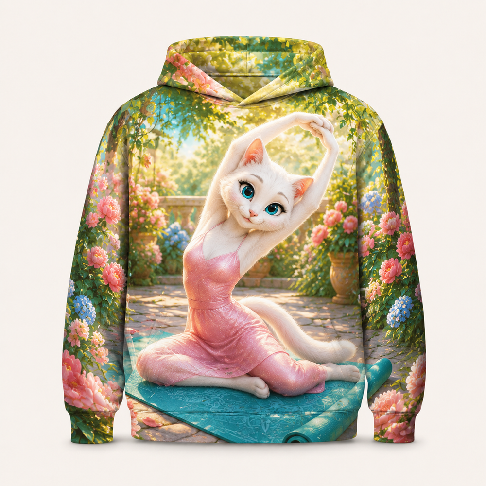 Sunrise Yoga Reach all-over print hoodie front view with Mom Cat — The Fluffy Fam
