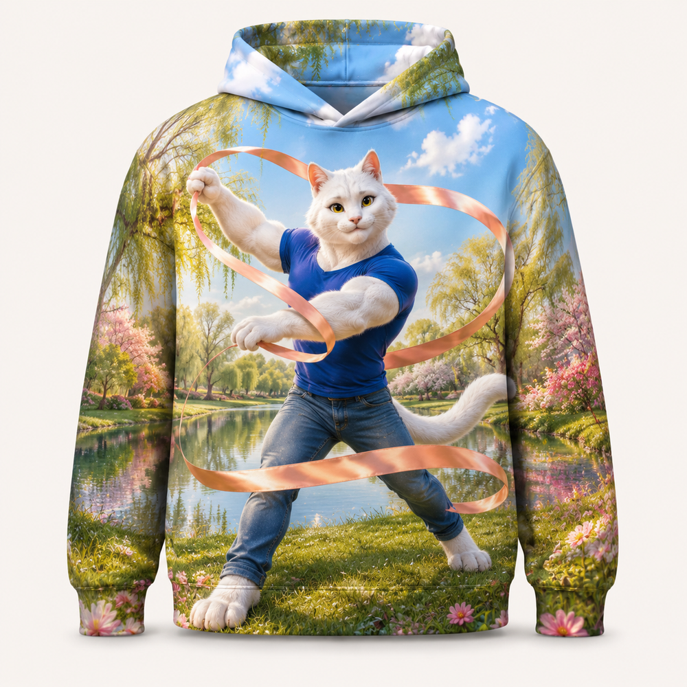 Willow Ribbon Flow all-over print hoodie front view with Dad Cat — The Fluffy Fam