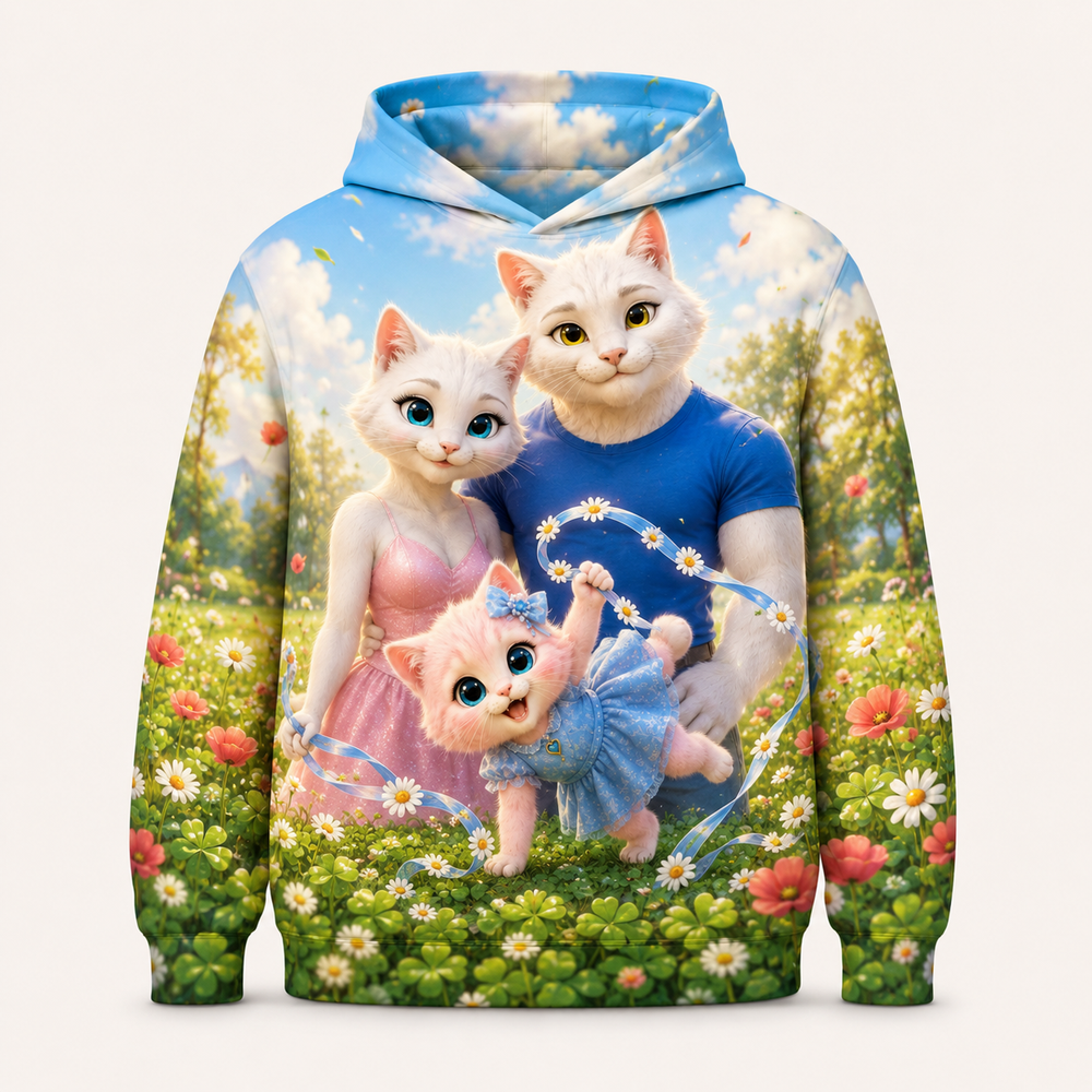 Clover Cartwheel all-over print hoodie front view with the whole cat family — The Fluffy Fam