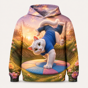 Patchwork Somersault all-over print hoodie front view with Dad Cat — The Fluffy Fam