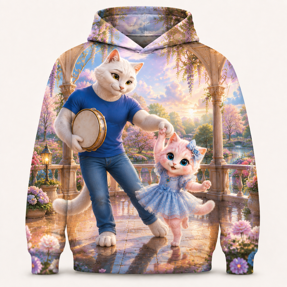 Gazebo Dance Turn all-over print hoodie front view with Dad Cat and Pink Kitten — The Fluffy Fam