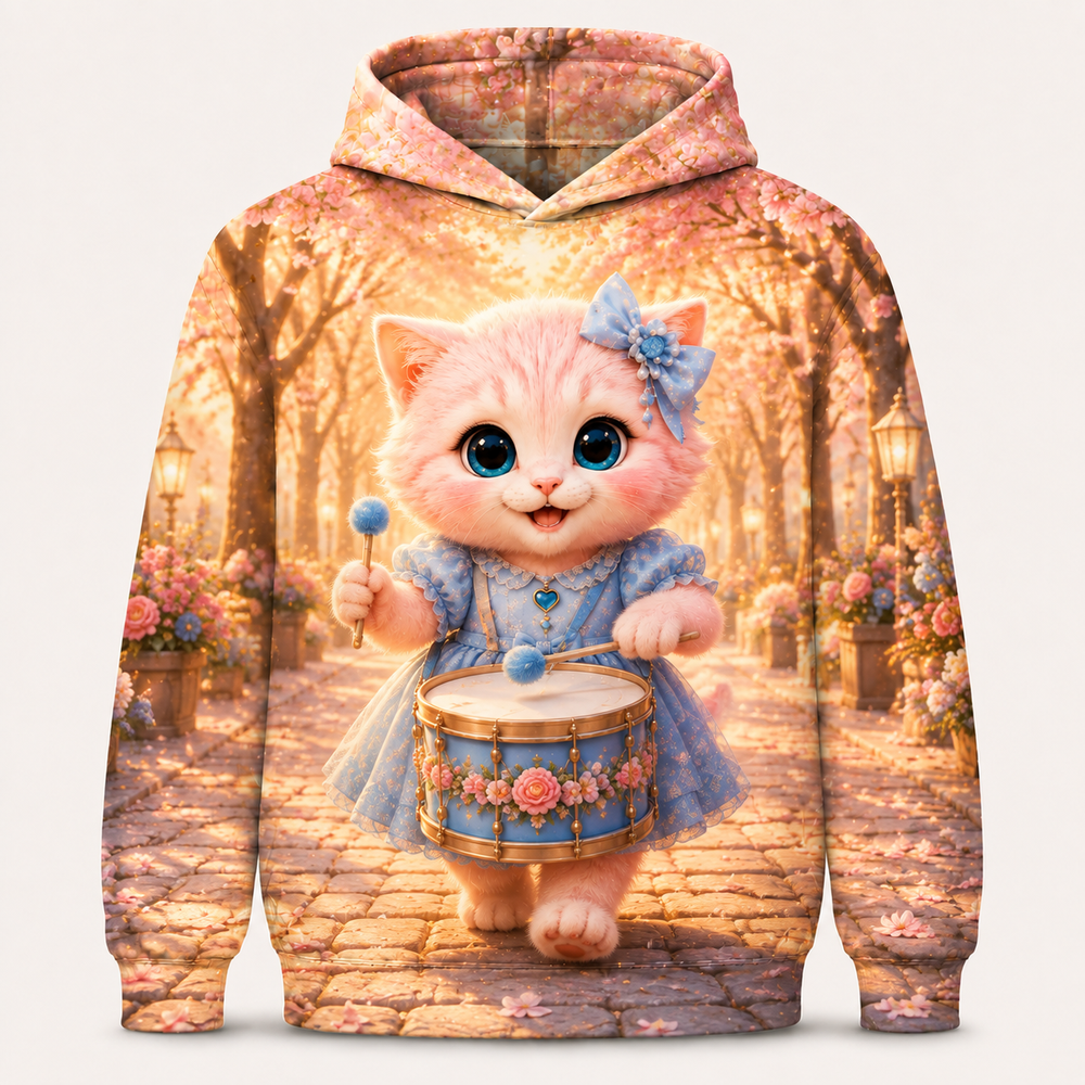 Blue Drum Park March all-over print hoodie front view with Pink Kitten — The Fluffy Fam