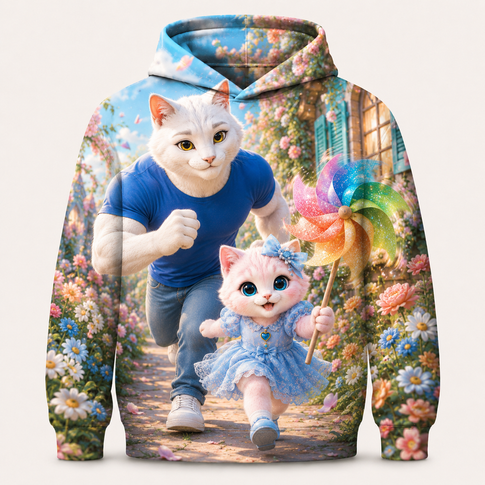 Pinwheel Baton Run all-over print hoodie front view with Dad Cat and Pink Kitten — The Fluffy Fam