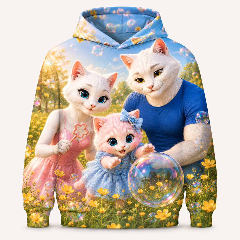 Buttercup Bubble Chase all-over print hoodie front view with the whole cat family — The Fluffy Fam