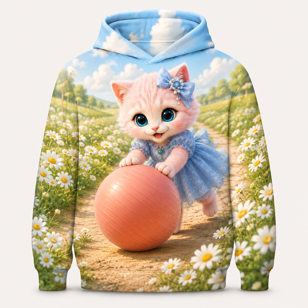 Giant Ball Meadow Roll all-over print hoodie front view with Pink Kitten — The Fluffy Fam
