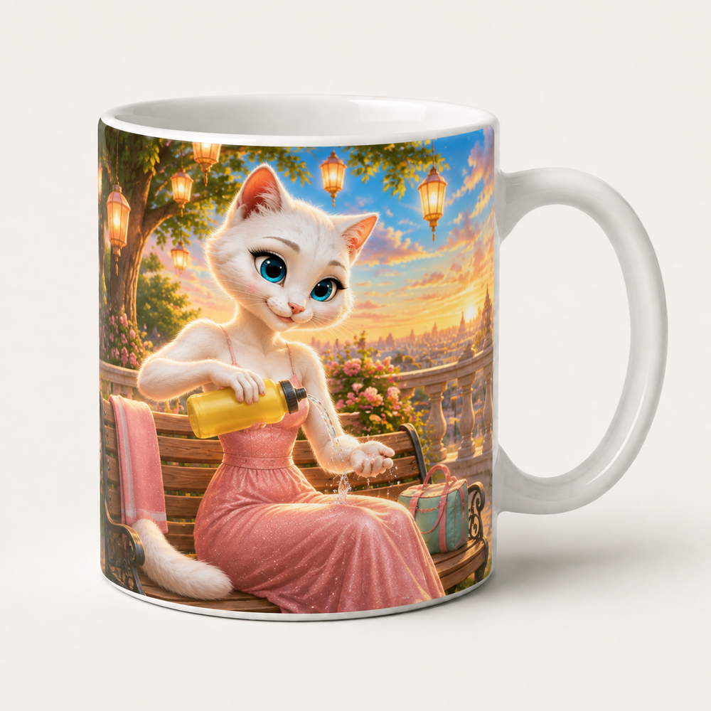Shady Hydration Cheer ceramic mug front view with Mom Cat — The Fluffy Fam