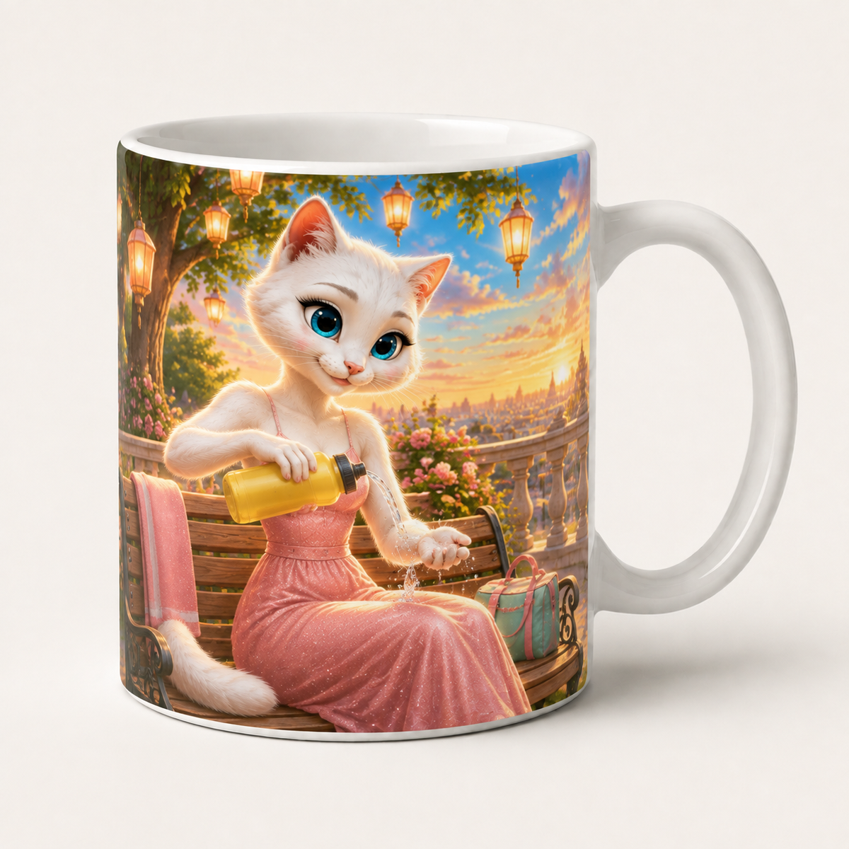Shady Hydration Cheer ceramic mug front view with Mom Cat — The Fluffy Fam