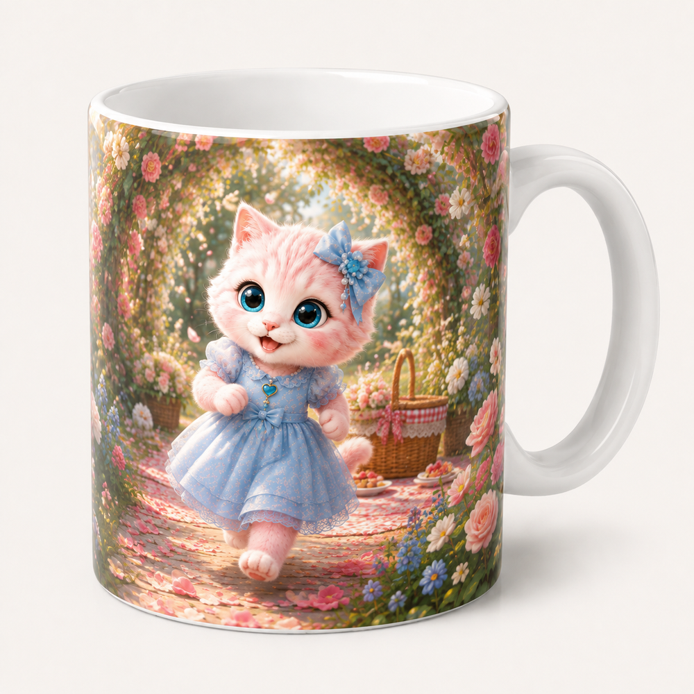Picnic-Hamper Finish Line ceramic mug front view with Pink Kitten — The Fluffy Fam