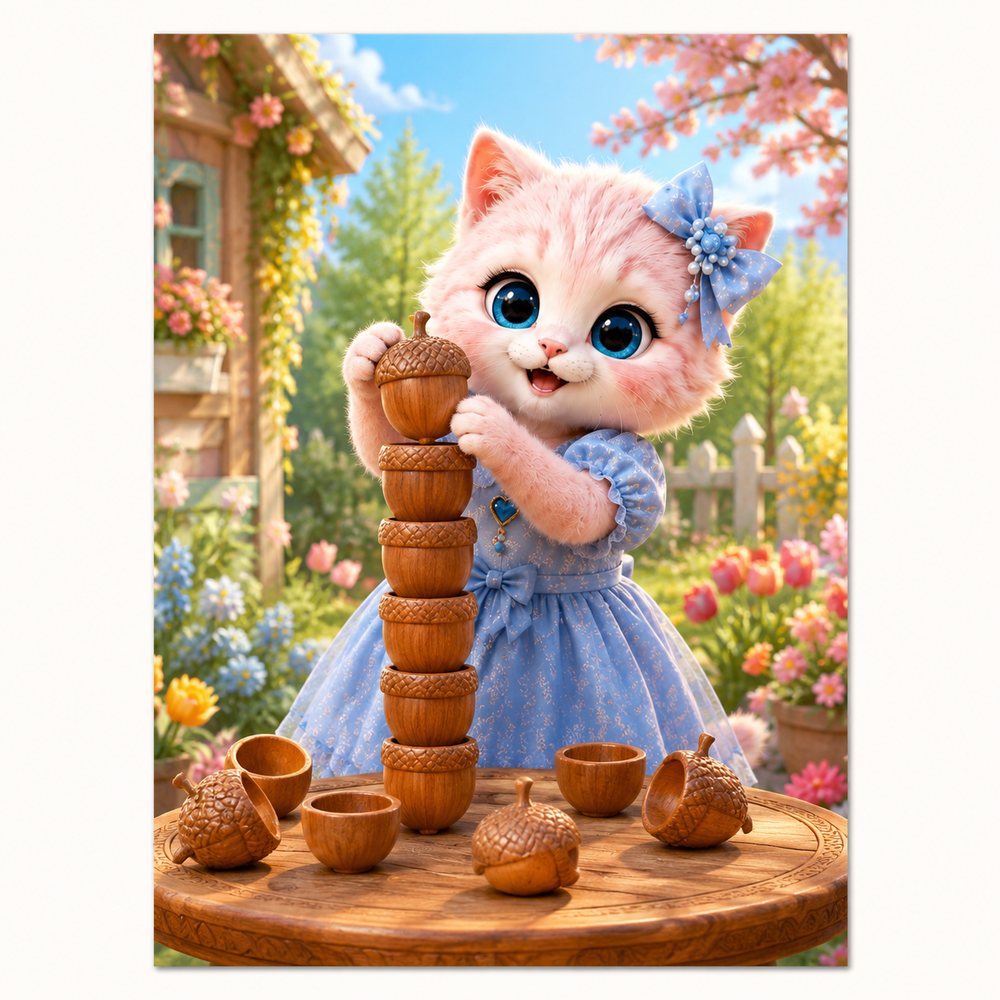 Acorn Cup Stack art print front view with Pink Kitten — The Fluffy Fam