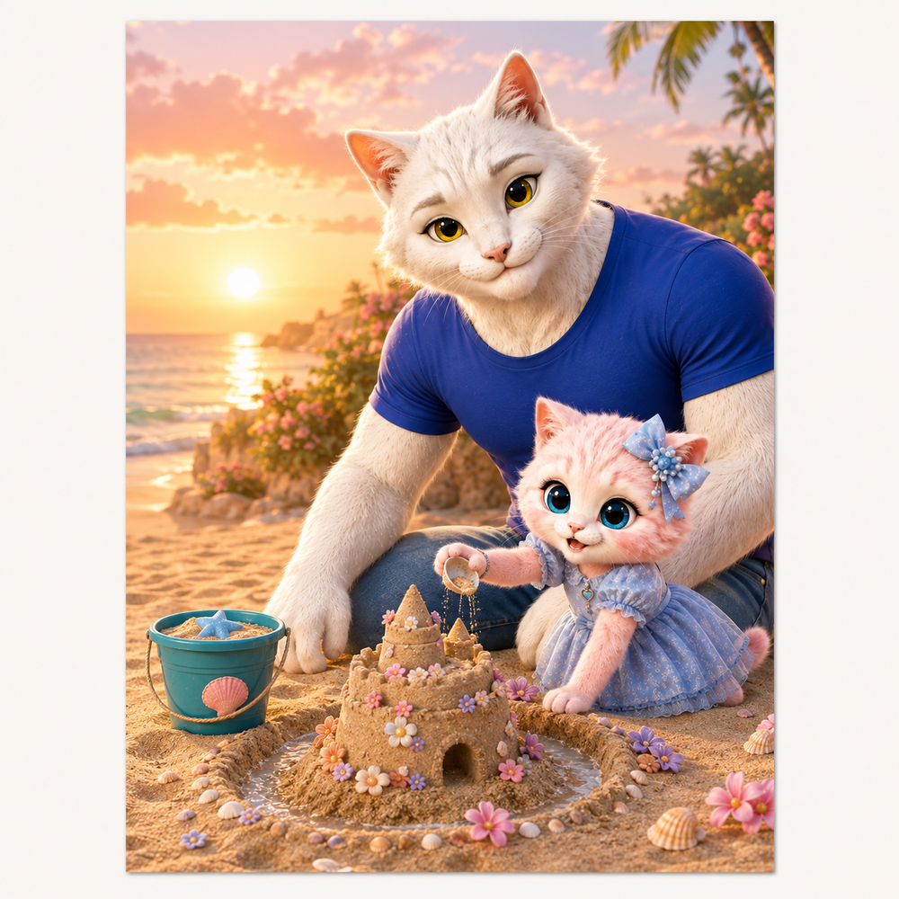 Sandbox Moat Masterpiece art print front view with Dad Cat and Pink Kitten — The Fluffy Fam