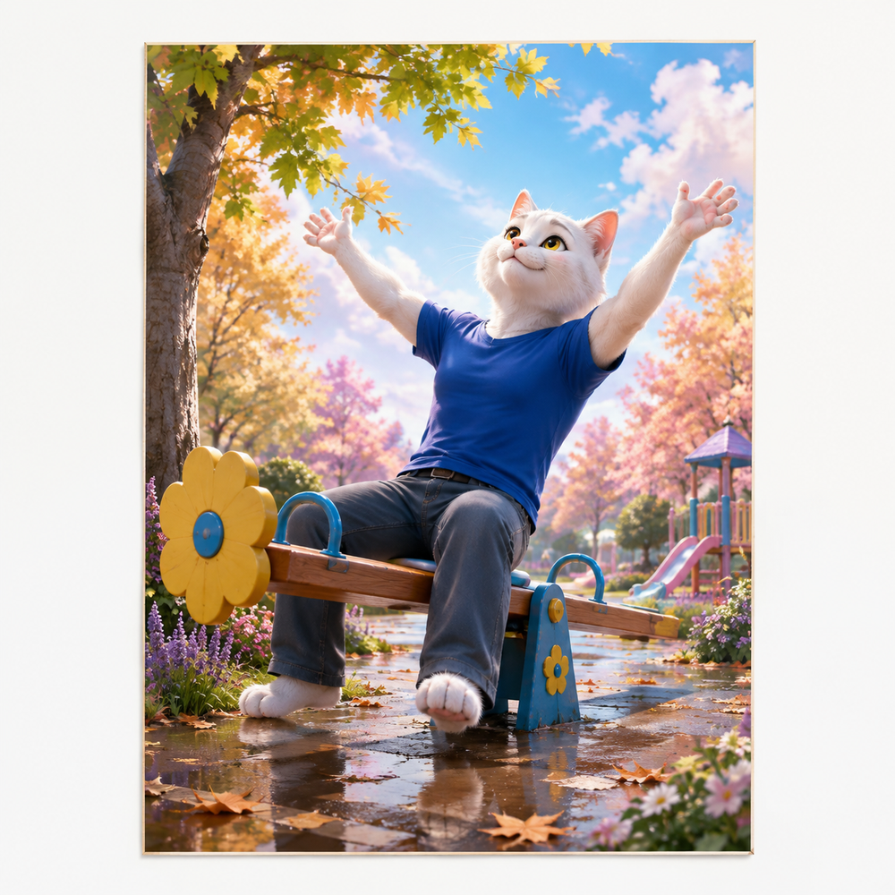 Seesaw Sky Smile art print front view with Dad Cat — The Fluffy Fam