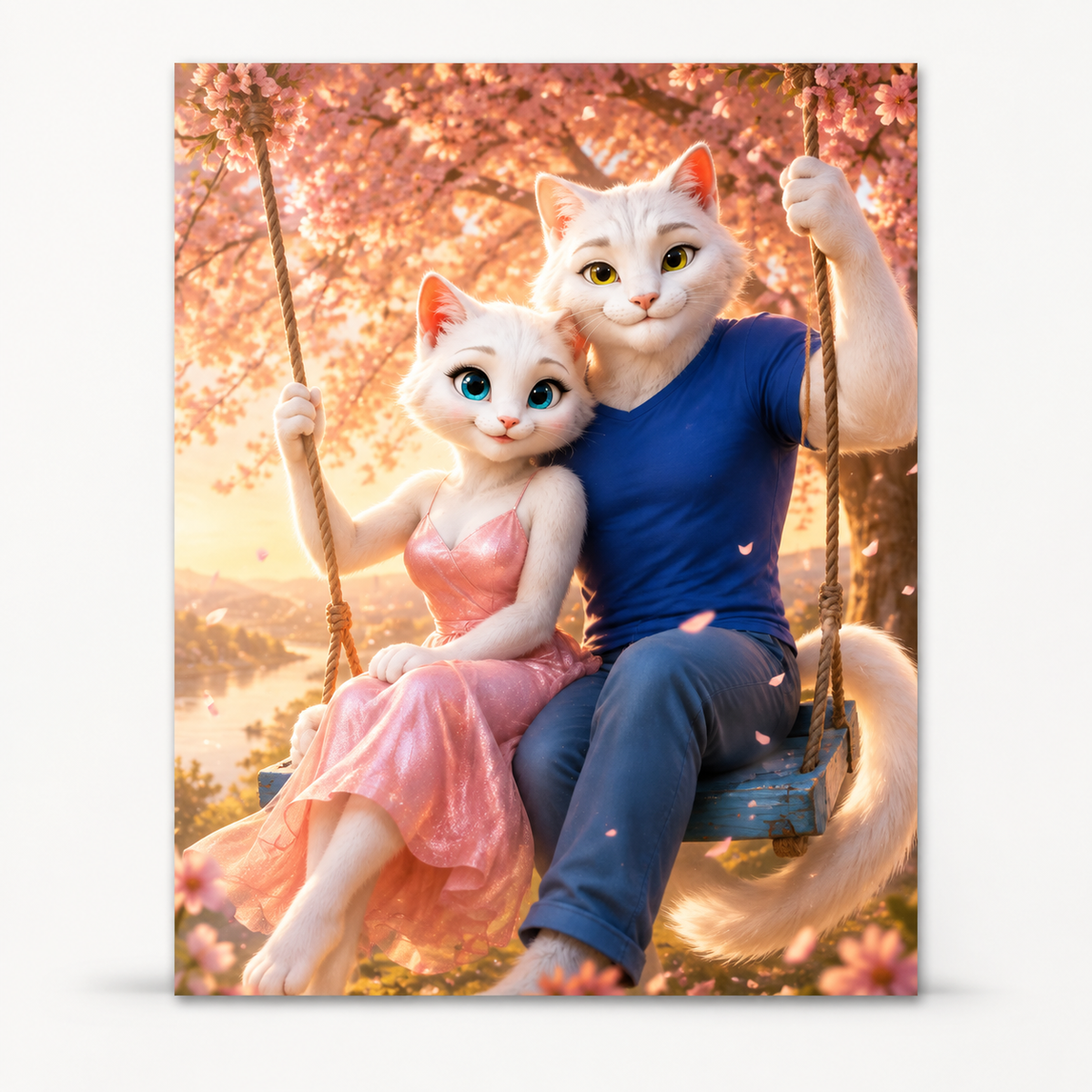Cherry-Tree Swing Arc art print front view with Dad Cat and Mom Cat — The Fluffy Fam