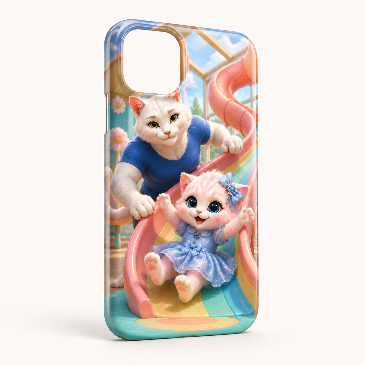 Rainbow Slide Swoosh phone case front view with Dad Cat and Pink Kitten — The Fluffy Fam