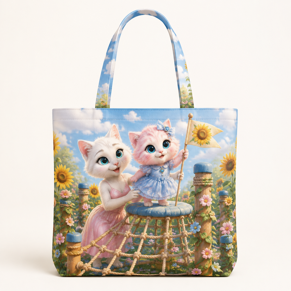 Rope-Pyramid Flag Tap canvas tote bag front view with Mom Cat and Pink Kitten — The Fluffy Fam