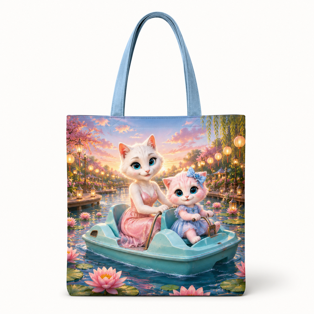 Pedal-Boat Lily Turn canvas tote bag front view with Mom Cat and Pink Kitten — The Fluffy Fam