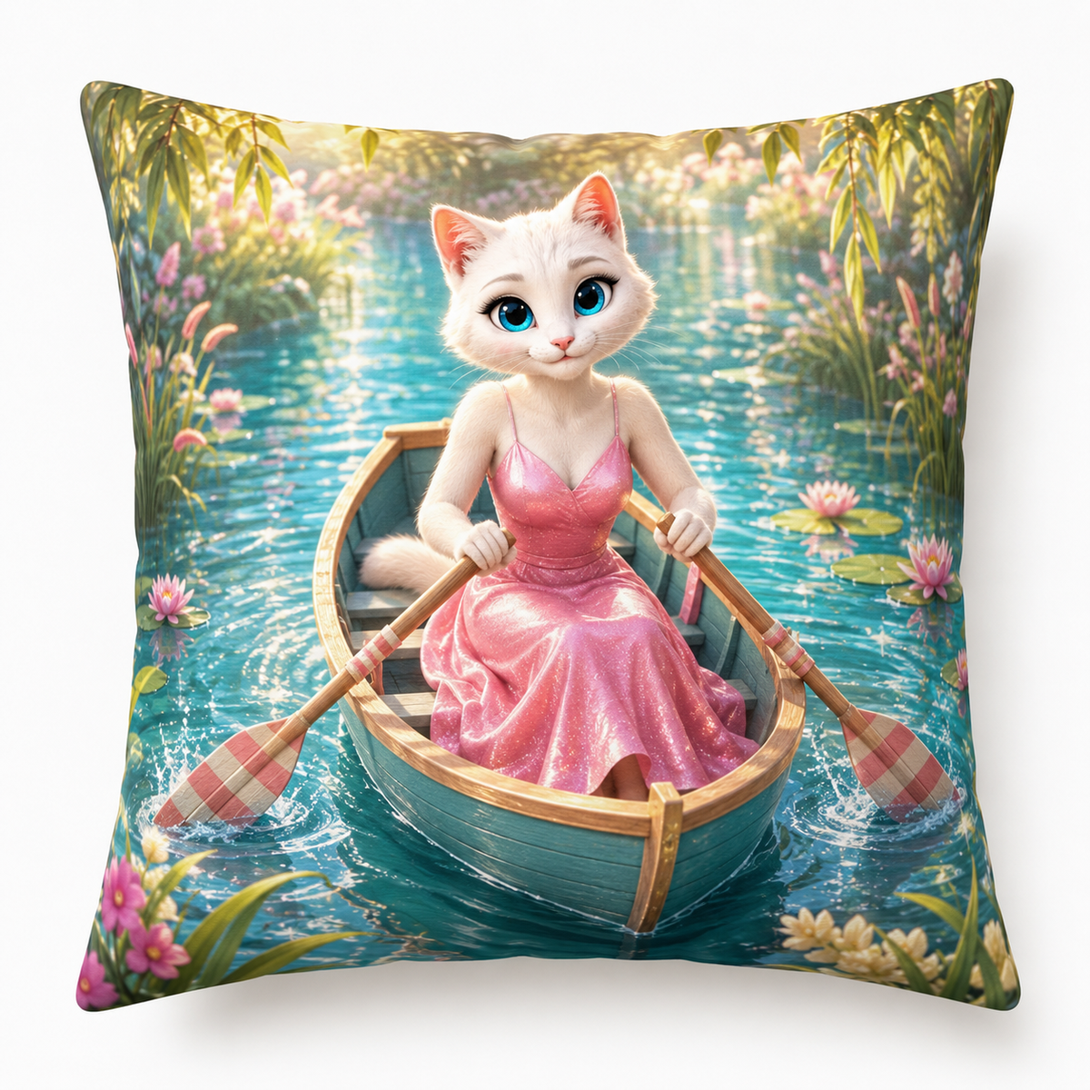 Striped Oar Pond Dip throw pillow front view with Mom Cat — The Fluffy Fam