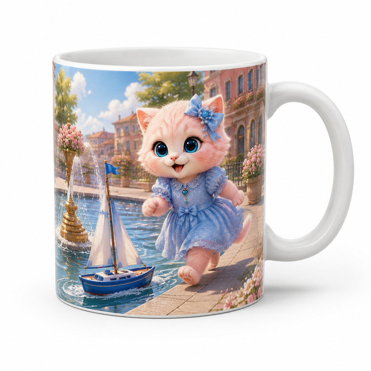 Model Sailboat Breeze Run ceramic mug front view with Pink Kitten — The Fluffy Fam